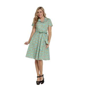 Eva Rose Green Dachshund Print Puppy Love Fit and Flare Shirt Dress Cotton Small